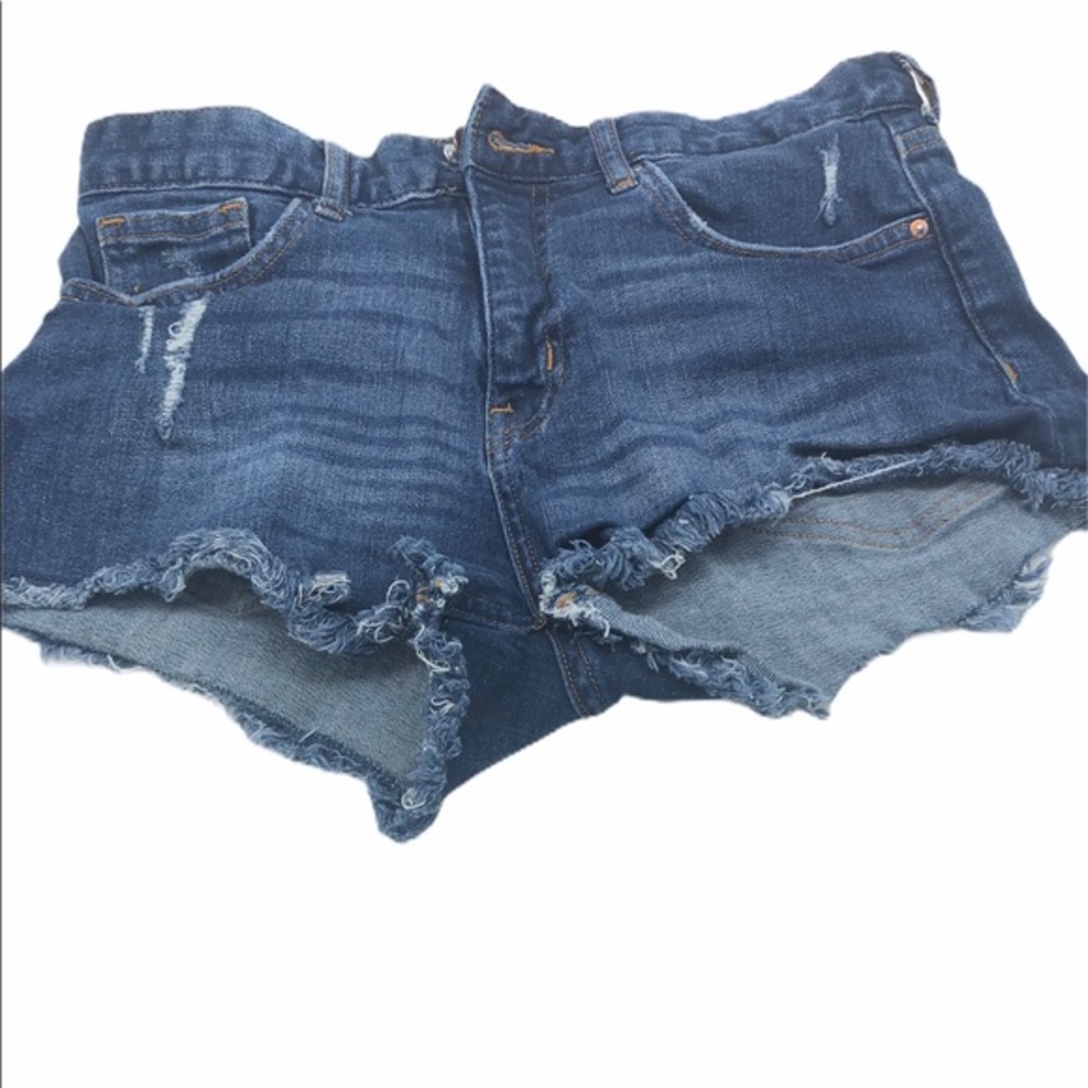 H&M Dark Wash Distressed Denim Cut Off Shorts Raw High Waisted Women Distressed